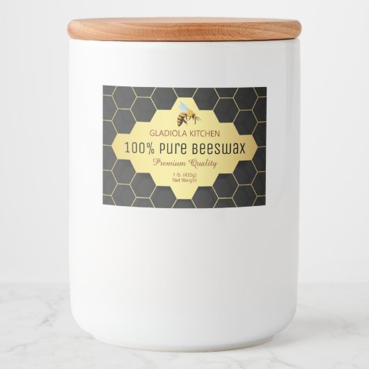 Zwart en Gouden Honingraat Bijenwas en Honing Voedselcontainer Etiket (Voorkant)