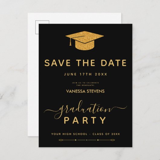 Zwart en gouden klassiek afstuderen Save the Date Uitnodiging Briefkaart (Voorkant / Achterkant)