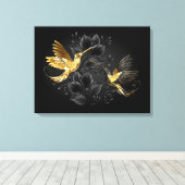 Zwart en gouden kolibrie canvas afdruk (Insitu (Houten vloer))
