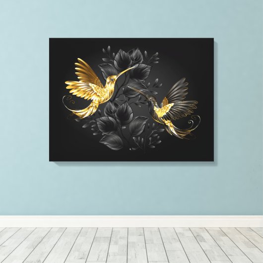 Zwart en gouden kolibrie canvas afdruk (Insitu (Houten vloer))
