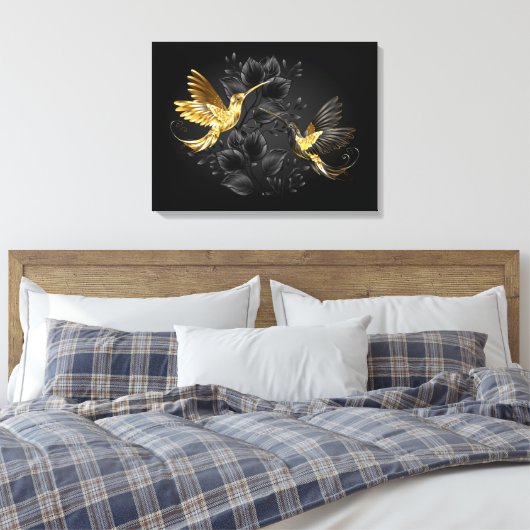 Zwart en gouden kolibrie canvas afdruk (Insitu (Slaapkamer))