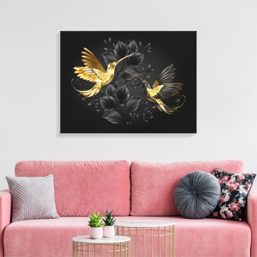 Zwart en gouden kolibrie canvas afdruk (Insitu (Woonkamer))