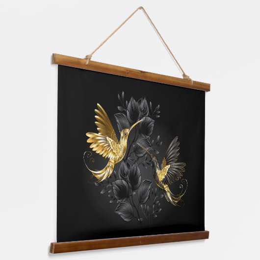 Zwart en Gouden Kolibrie Hangend Wandkleed (Gebogen)