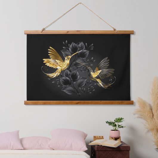 Zwart en Gouden Kolibrie Hangend Wandkleed (Slaapkamer)