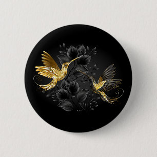 Zwart en gouden kolibrie ronde button 5,7 cm