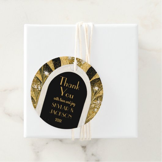 Zwart en gouden kunst Deco Archway Weddenschap Har Bedankjes Labels (In situ)