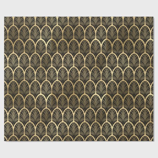 Zwart en gouden kunst Deco Palm Leaf Pattern Cadeaupapier (Vlak)