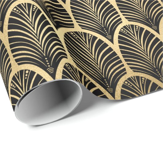 Zwart en gouden kunst Deco Palm Leaf Pattern Cadeaupapier (Rol Hoek)
