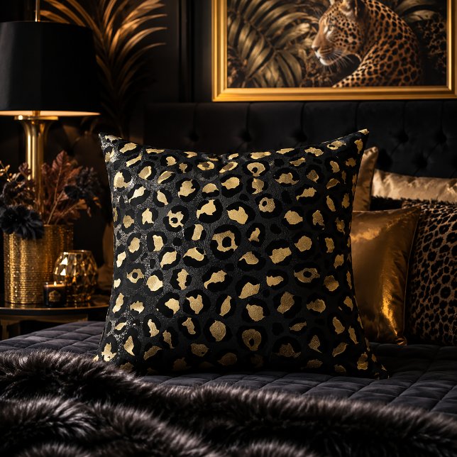 Zwart en gouden luipaardprint dierpatroon kussen (Creator heeft geüpload)