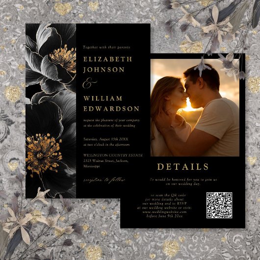 Zwart en gouden luxe bloemenfoto QR-code bruiloft Kaart