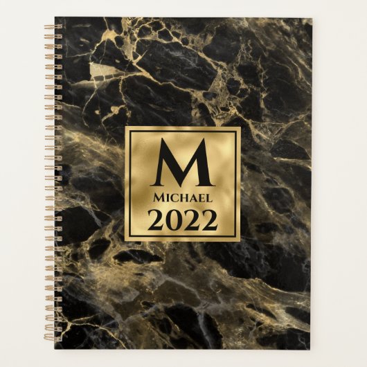 Zwart en Gouden Marmer Monogram Elegante Luxe Planner (Voorkant)