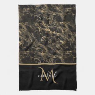 Zwart en gouden marmeren monogram elegante luxe theedoek
