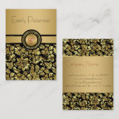 Zwart en Gouden Metallic Bloemen Damasks Monogram Visitekaartje (Voorkant / Achterkant)