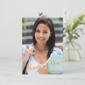 Zwart en gouden modern fotoscript Afstuderen Bedankkaart (Staand voorkant)