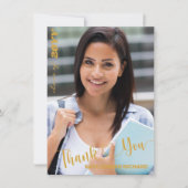 Zwart en gouden modern fotoscript Afstuderen Bedankkaart (Voorkant)