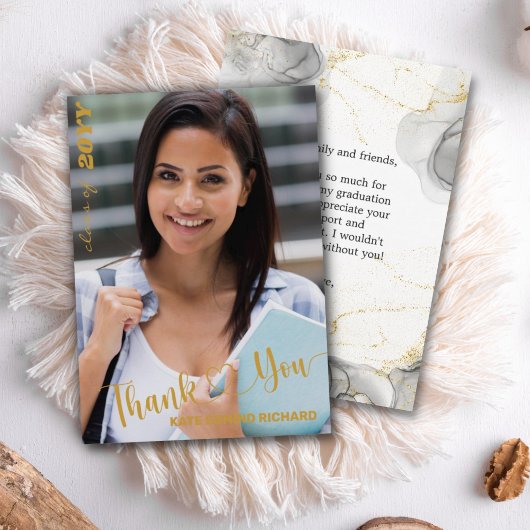 Zwart en gouden modern fotoscript Afstuderen Bedankkaart