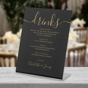 Zwart en gouden modern script huwelijksdrankenmenu reclamebord met voetstuk