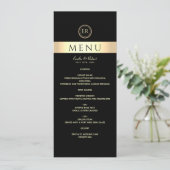 Zwart en gouden monogram bruiloft menu (Staand voorkant)