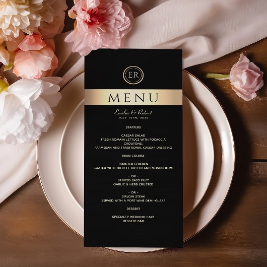 Zwart en gouden monogram bruiloft menu