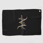 Zwart en gouden monogram elegante luxe golfhanddoek (Horizontaal)
