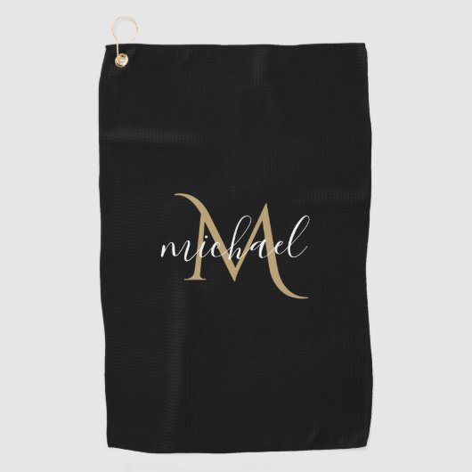 Zwart en gouden monogram elegante luxe golfhanddoek (Voorkant)