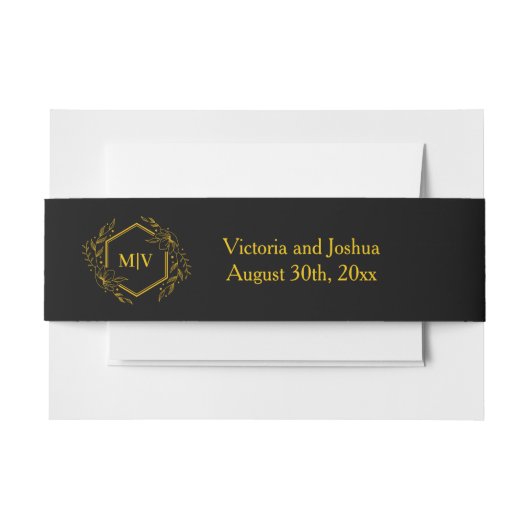 Zwart en gouden monogram embleem uitnodigingen wikkel (Voorkant Voorbeeld)