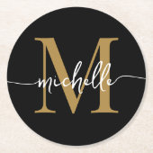 Zwart en gouden monogram naam Elegant Schrift Ronde Kartonnen Onderzetter (Voorkant)