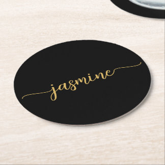 Zwart En Gouden Monogram Naam Script Chic Handteke Ronde Kartonnen Onderzetter