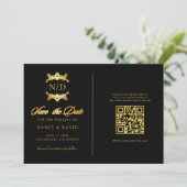 Zwart En Gouden Monogram Qr Code Bruiloft Save The Date (Staand voorkant)