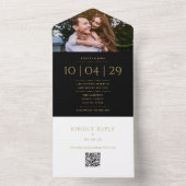 Zwart en gouden monogram QR-code foto huwelijksdat All In One Uitnodiging (Binnen)