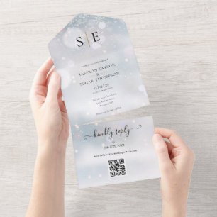 Zwart en gouden monogram QR-code wintertrouw All In One Uitnodiging