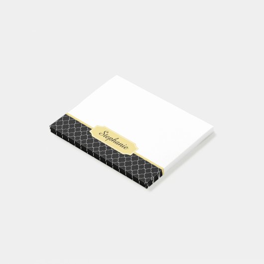Zwart en Gouden Monogram Quatrefoil Post-it® Notes (Schuin)