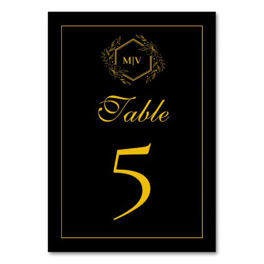 Zwart en gouden monogram wapen tafelnummerkaart kaart (Voorkant)
