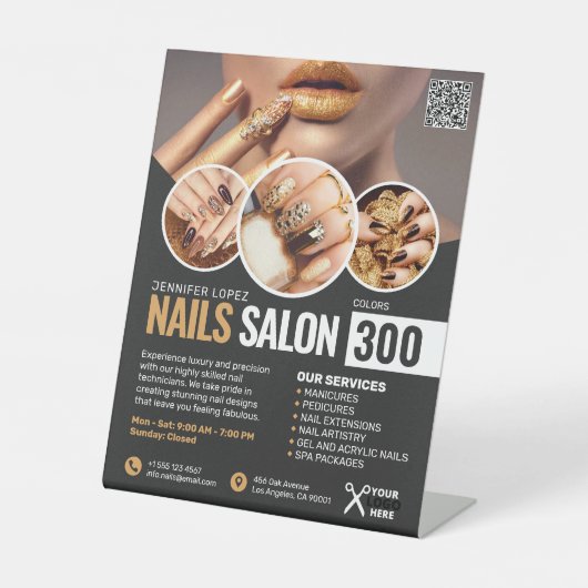 Zwart en Gouden Nagelsalon, Schoonheidssalon Reclamebord Met Voetstuk (Voorkant)