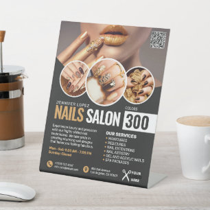 Zwart en Gouden Nagelsalon, Schoonheidssalon Reclamebord Met Voetstuk