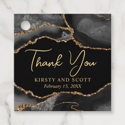 Zwart en gouden namaak glitters agaat bruiloft bedankjes labels (Voorkant)