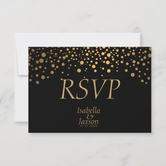 Zwart en Gouden Nep Folie Confetti Stippen RSVP Kaartje (Voorkant)