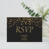 Zwart en Gouden Nep Folie Confetti Stippen RSVP Kaartje (Staand voorkant)