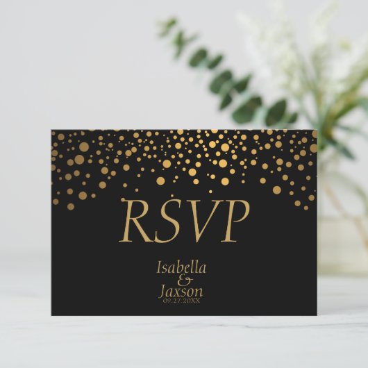 Zwart en Gouden Nep Folie Confetti Stippen RSVP Kaartje (Staand voorkant)