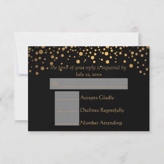 Zwart en Gouden Nep Folie Confetti Stippen RSVP Kaartje (Achterkant)