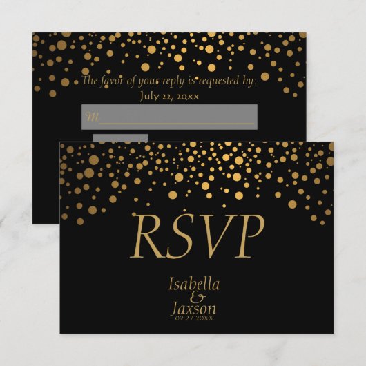 Zwart en Gouden Nep Folie Confetti Stippen RSVP Kaartje (Voorkant / Achterkant)