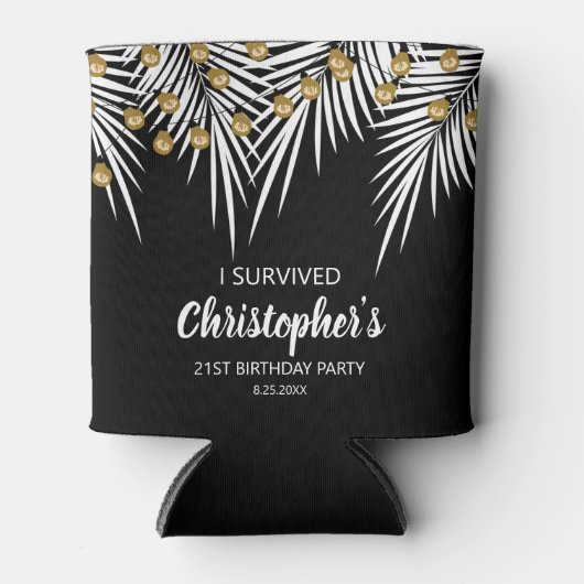 Zwart en Gouden Palmen Verjaardag Blikjeskoeler (Voorkant)