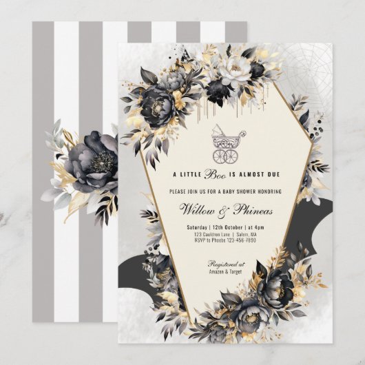 Zwart en Gouden Pioenrozen Halloween Baby shower Kaart (Voorkant / Achterkant)