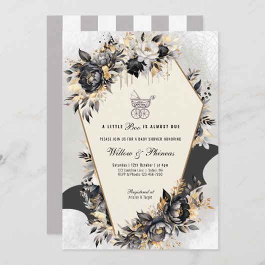 Zwart en Gouden Pioenrozen Halloween Baby shower Kaart (Voorkant / Achterkant)