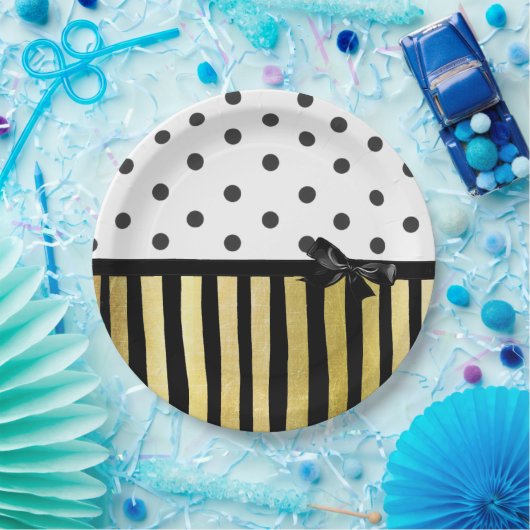 Zwart en gouden Polka Dot Gestreept Papier Bord (Feest)