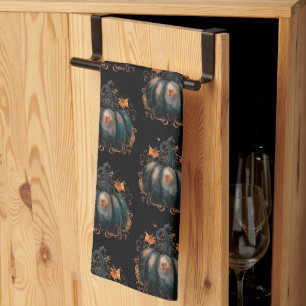 Zwart en gouden pompoenbladerenpatroon Halloween Theedoek
