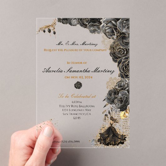 Zwart en Gouden Quinceañera Acryl Uitnodigingen (Insitu (Draagbaar))