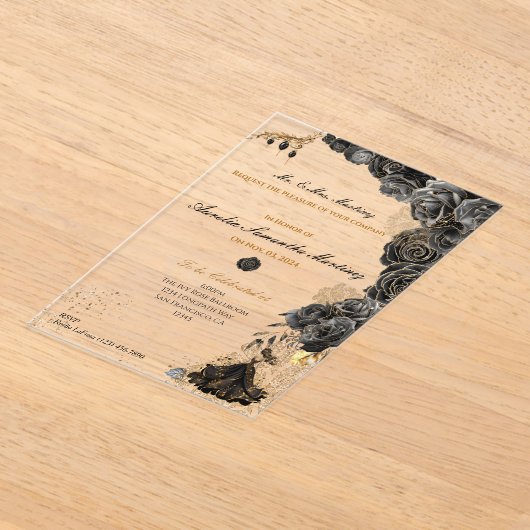 Zwart en Gouden Quinceañera Acryl Uitnodigingen (Laagn)