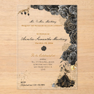 Zwart en Gouden Quinceañera Acryl Uitnodigingen