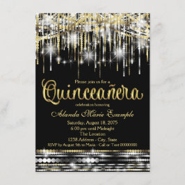 Zwart en gouden Quinceanera Glitter Glam Glans Kaart